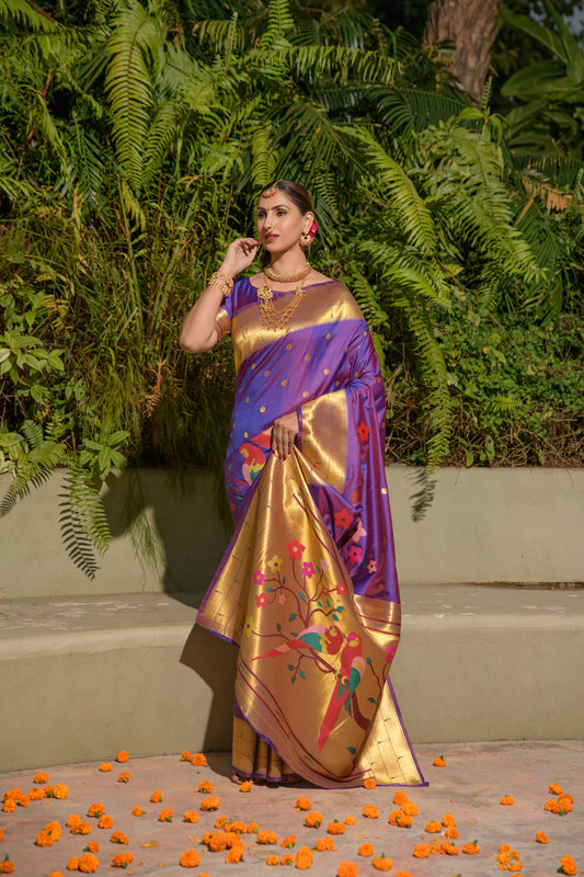 Dhiyona GR Women's Muniya Purple Zari Paithani Silk Saree