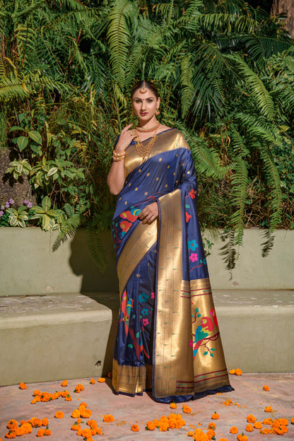 Dhiyona GR Women's Muniya Royal Blue Zari Paithani Silk Saree