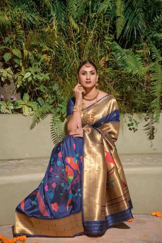 Dhiyona GR Women's Muniya Royal Blue Zari Paithani Silk Saree