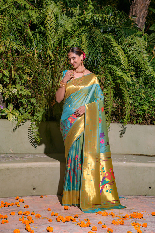 Dhiyona GR Women's Muniya Sky Blue Zari Paithani Silk Saree