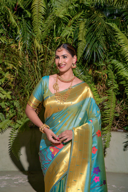 Dhiyona GR Women's Muniya Sky Blue Zari Paithani Silk Saree