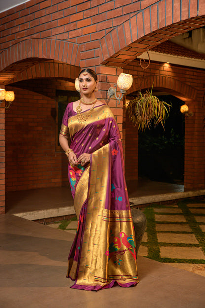 Dhiyona GR Women's Muniya Wine Zari Paithani Silk Saree