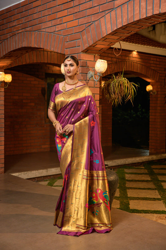 Dhiyona GR Women's Muniya Wine Zari Paithani Silk Saree
