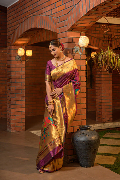 Dhiyona GR Women's Muniya Wine Zari Paithani Silk Saree