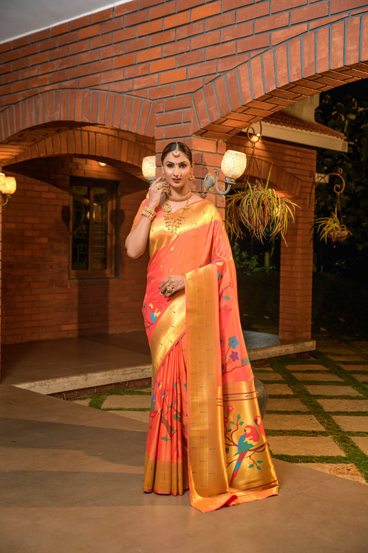 Dhiyona GR Women's Muniya Orange Zari Paithani Silk Saree
