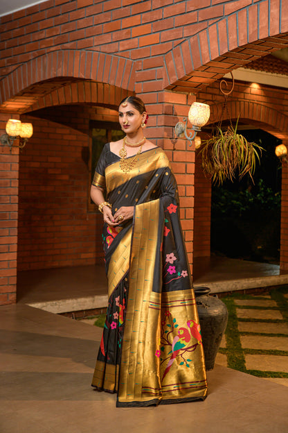 Dhiyona GR Women's Muniya Black Zari Paithani Silk Saree