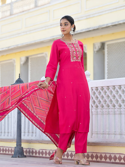 Dhiyona VR Women's Round Neck Gotta Patti Embroidered Kurta Paired With Bottom And Printed Dupatta