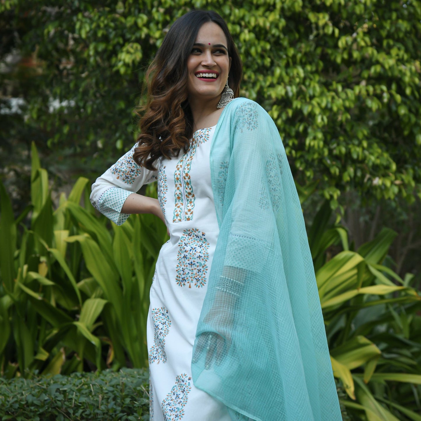 Women Light Sky Printed Pure Cotton Kurta And Pant Set