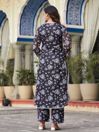 Dhiyona VR Women's Black Kota Check Floral Printed Kurta With Bottom