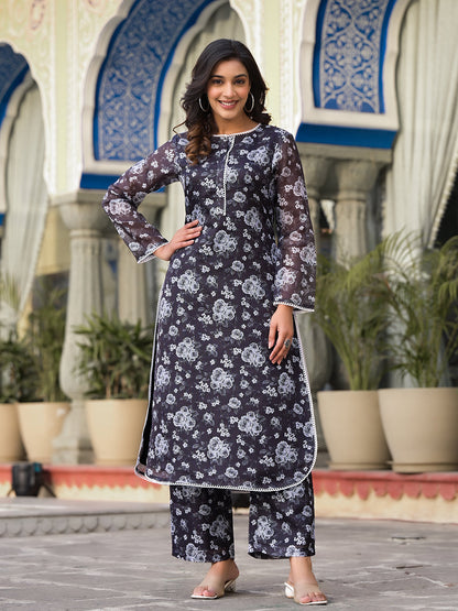 Dhiyona VR Women's Black Kota Check Floral Printed Kurta With Bottom