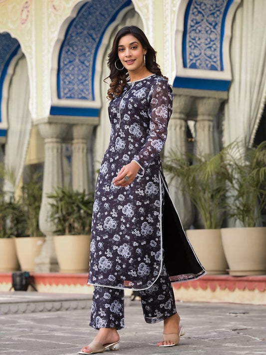 Dhiyona VR Women's Black Kota Check Floral Printed Kurta With Bottom