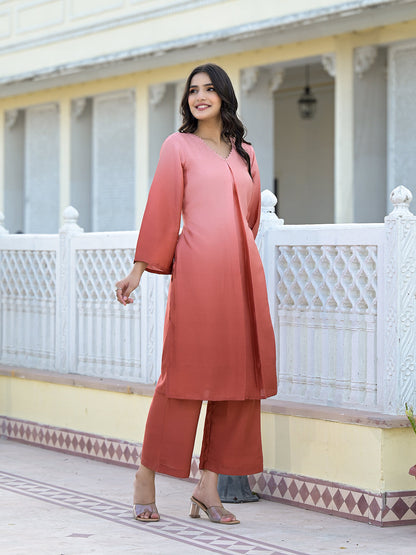 Dhiyona VR Women's Ombre Coral A-Line Kurta Set