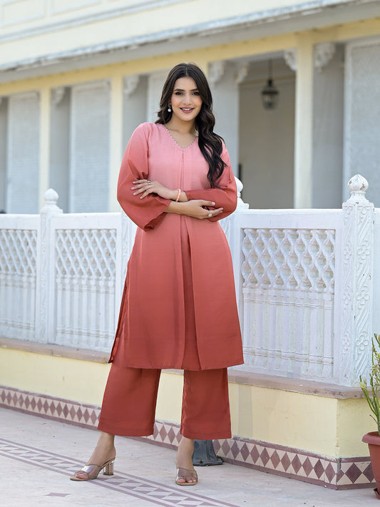 Dhiyona VR Women's Ombre Coral A-Line Kurta Set
