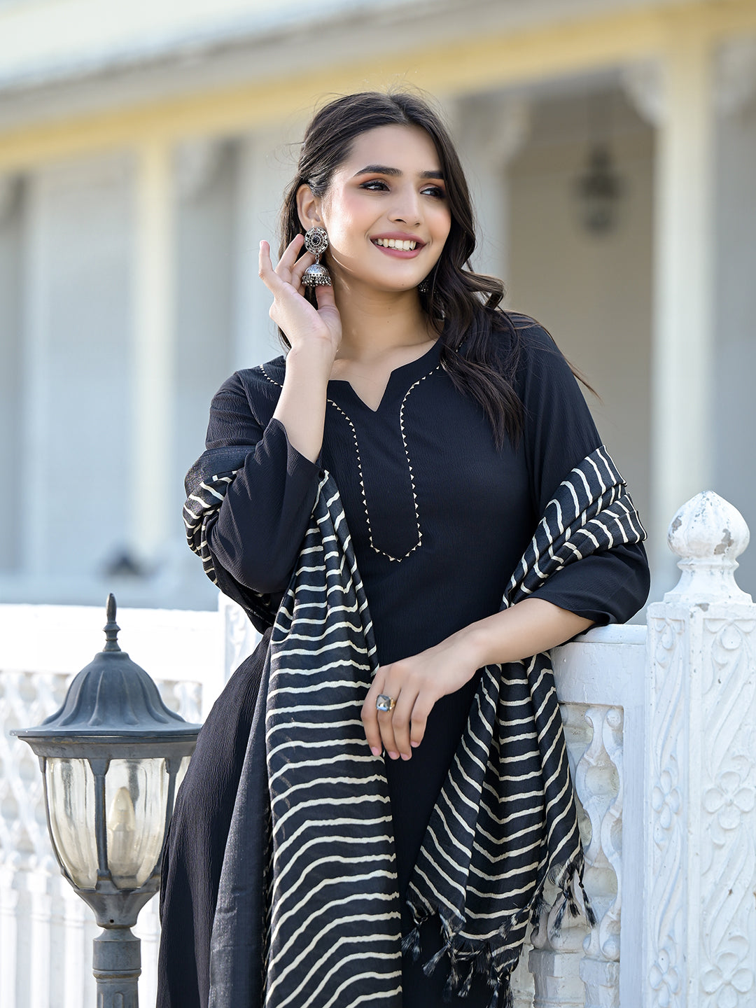 Dhiyona VR Women's Black Crepe Gota Kurta With Bottom And Dupatta