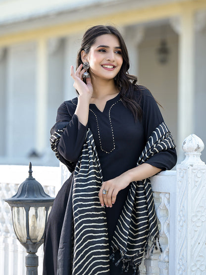 Dhiyona VR Women's Black Crepe Gota Kurta With Bottom And Dupatta