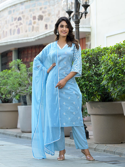 Dhiyona VR Women's Blue Chikankari Embroidered V Neck Kurta Set With Dupatta