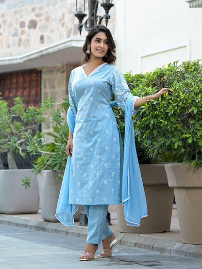 Dhiyona VR Women's Blue Chikankari Embroidered V Neck Kurta Set With Dupatta