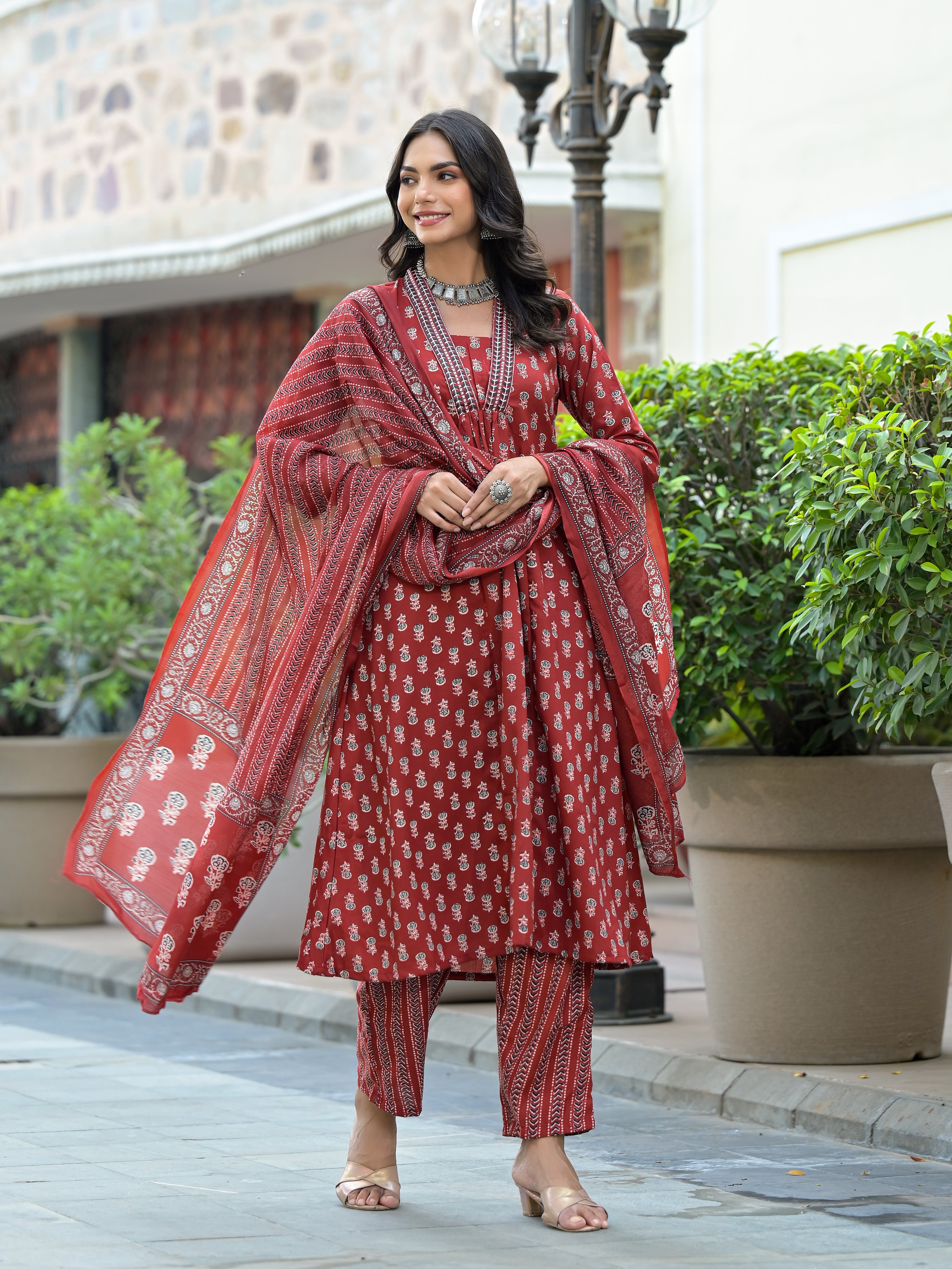 Women Red Embroidery Viscose Rayon Kurta, Pant And Dupatta Set