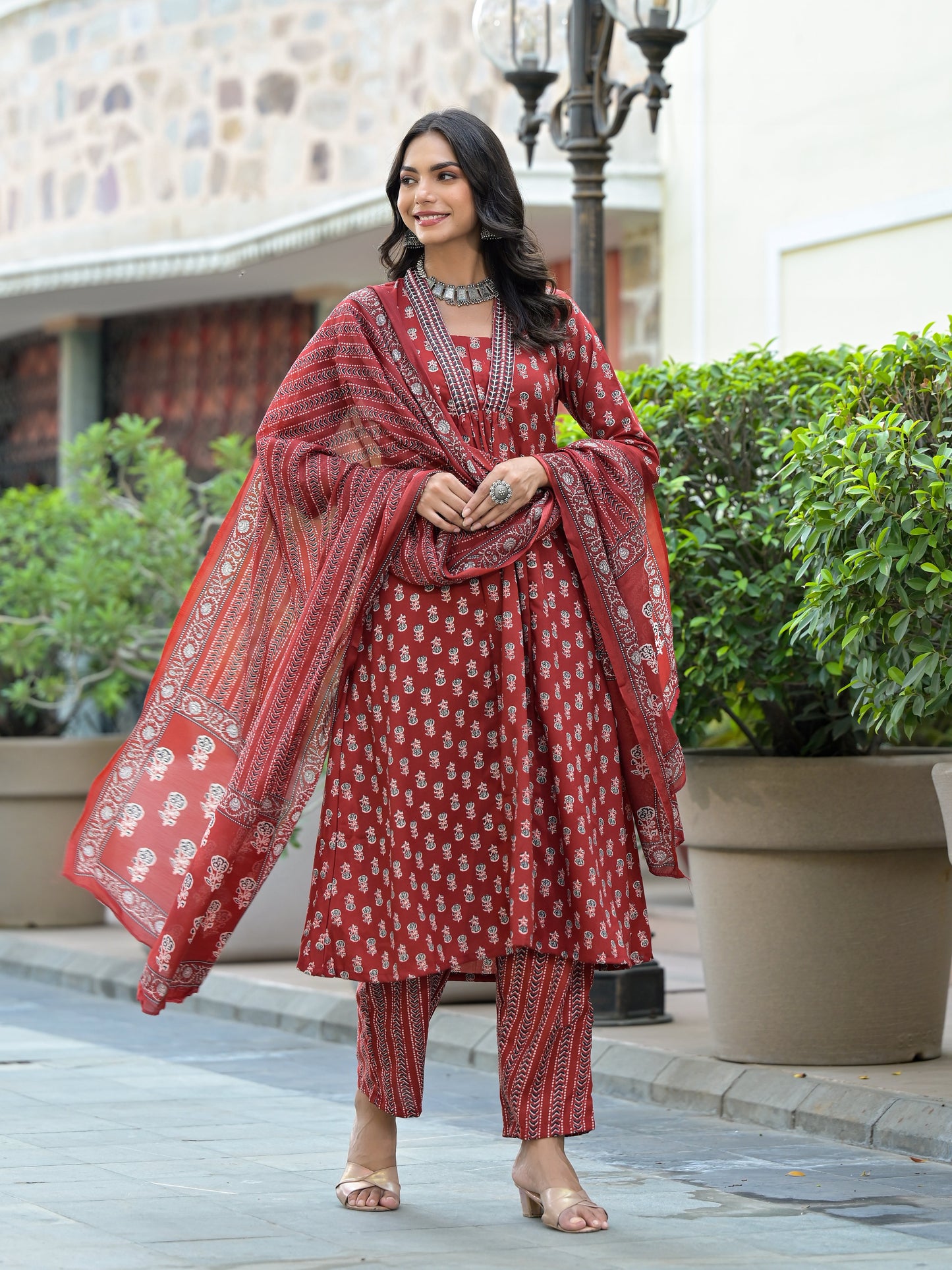 Women Red Embroidery Viscose Rayon Kurta, Pant And Dupatta Set