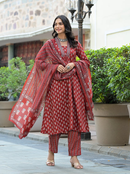 Women Red Embroidery Viscose Rayon Kurta, Pant And Dupatta Set