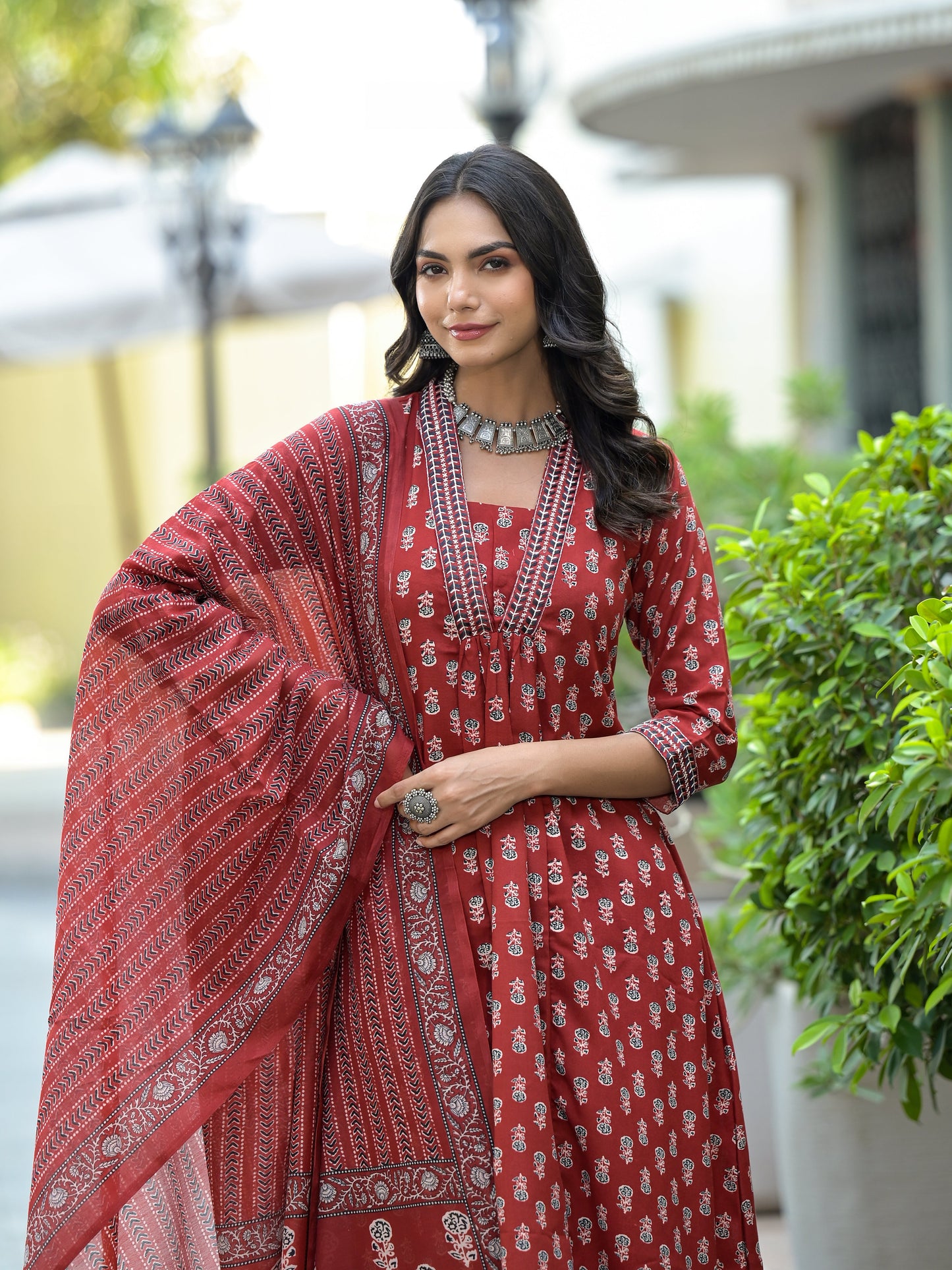 Women Red Embroidery Viscose Rayon Kurta, Pant And Dupatta Set