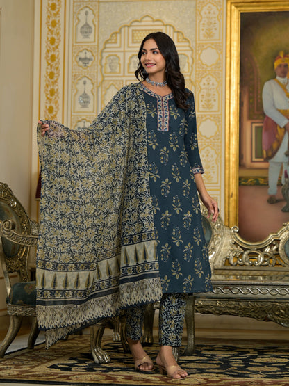 Women Navy Blue Embroidery Viscose Rayon Kurta, Pant And Dupatta Set