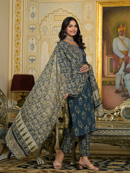 Women Navy Blue Embroidery Viscose Rayon Kurta, Pant And Dupatta Set