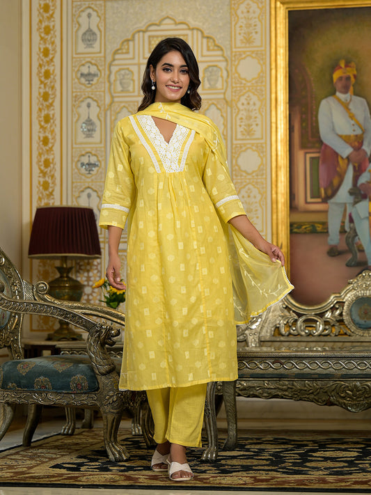 Dhiyona VR Women's Yellow V Neck Embroidered Kurta Set With Dupatta