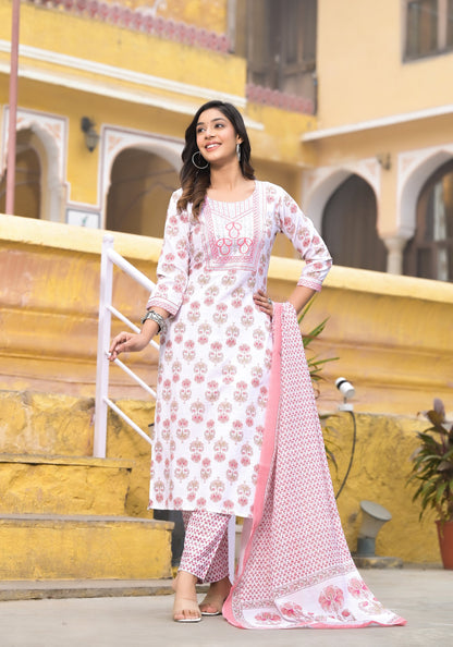 Women Lotus Pink Printed Viscose Rayon Kurta, Pant And Dupatta Set