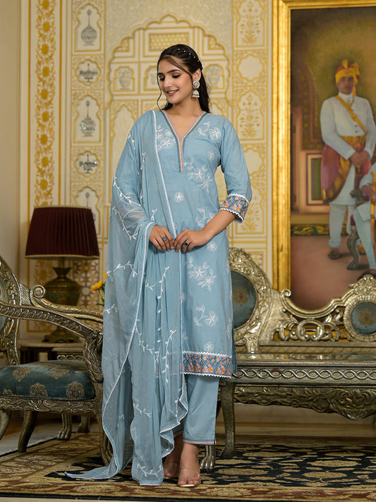 Dhiyona VR Women's Blue Chikankari Embroidered Kurta Set With Dupatta