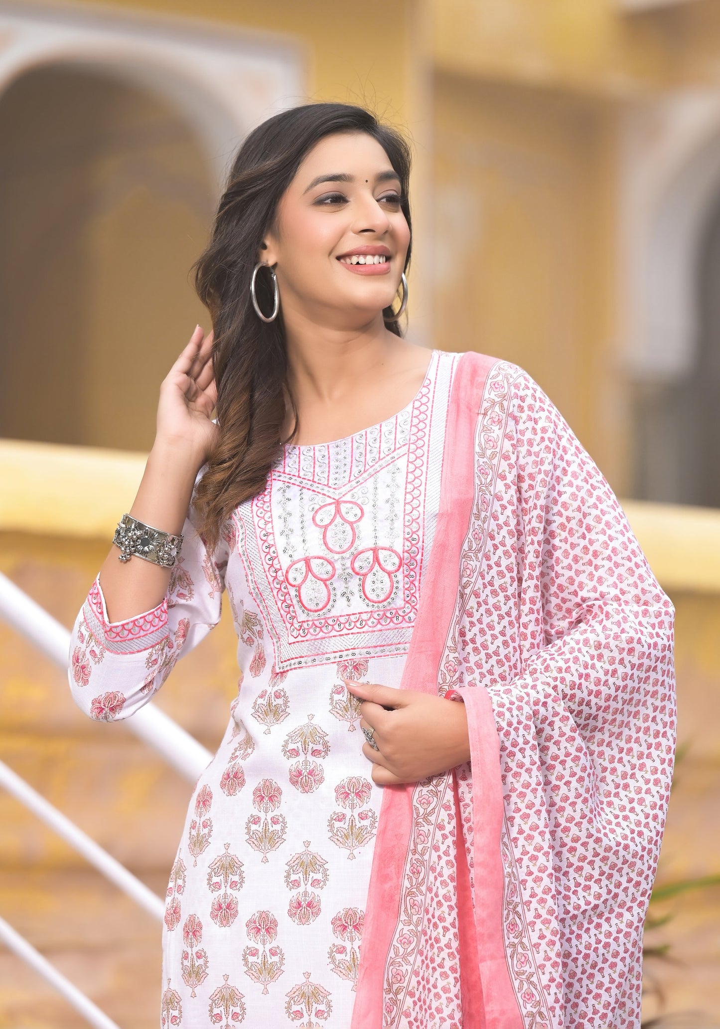 Women Lotus Pink Printed Viscose Rayon Kurta, Pant And Dupatta Set