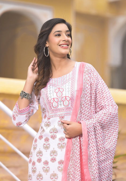 Women Lotus Pink Printed Viscose Rayon Kurta, Pant And Dupatta Set