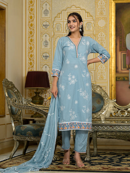 Dhiyona VR Women's Blue Chikankari Embroidered Kurta Set With Dupatta