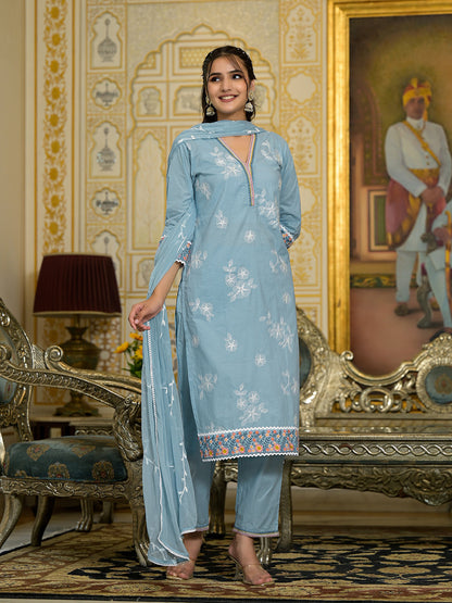 Dhiyona VR Women's Blue Chikankari Embroidered Kurta Set With Dupatta