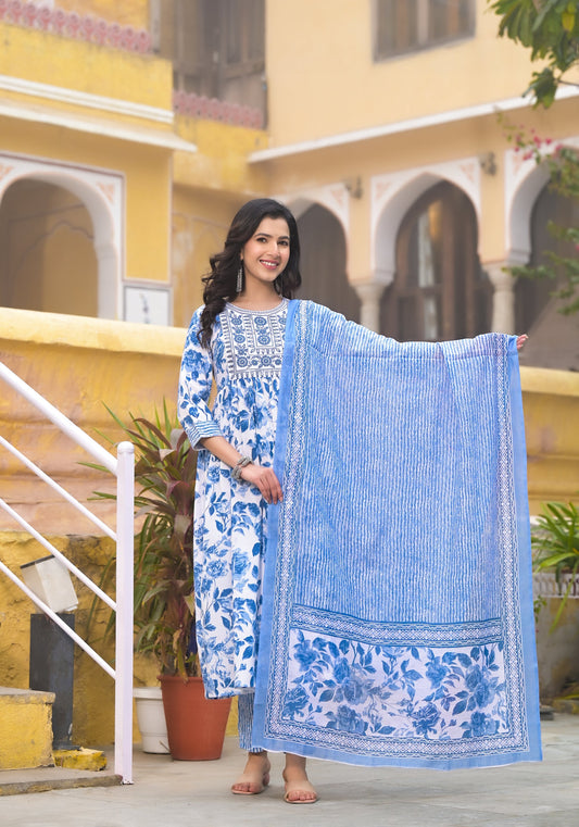 Women White, Blue Floral Print Viscose Rayon Kurta, Pant And Dupatta Set