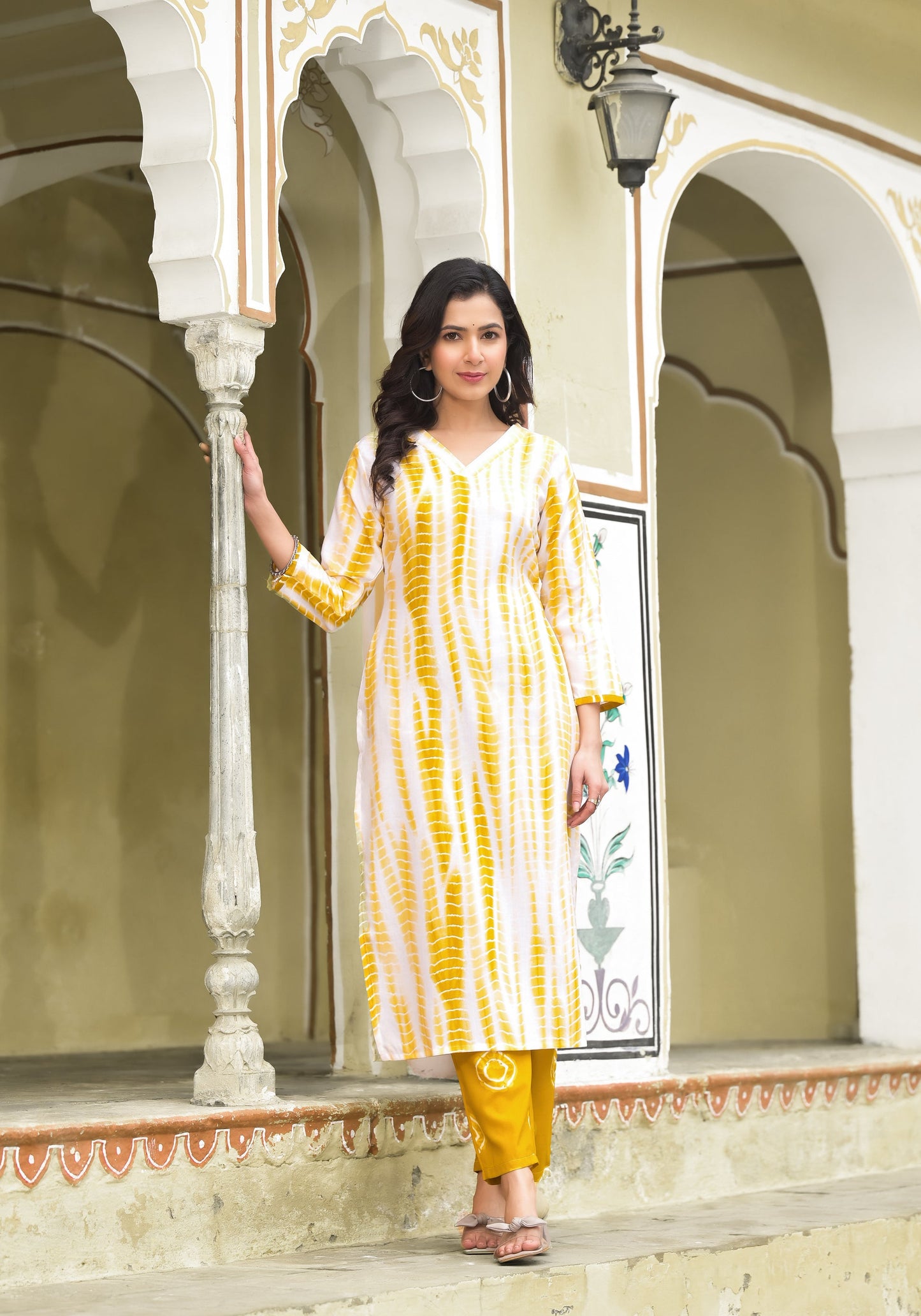Women Yellow Printed Viscose Rayon Kurta, Pant And Dupatta Set