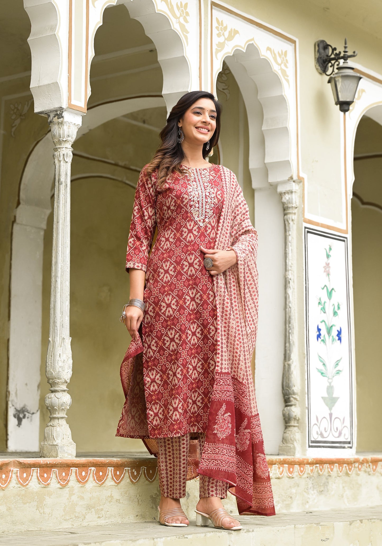 Women Red, Beige Checkered Viscose Rayon Kurta, Pant And Dupatta Set