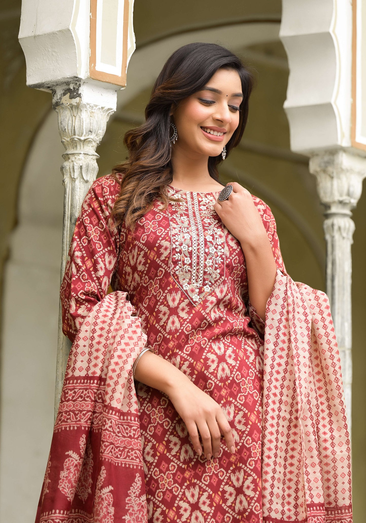 Women Red, Beige Checkered Viscose Rayon Kurta, Pant And Dupatta Set