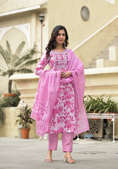 Women Pink, White Floral Print Viscose Rayon Kurta, Pant And Dupatta Set