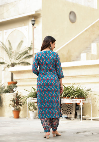 Women Blue Floral Print, Embellished Viscose Rayon Kurta, Pant And Dupatta Set