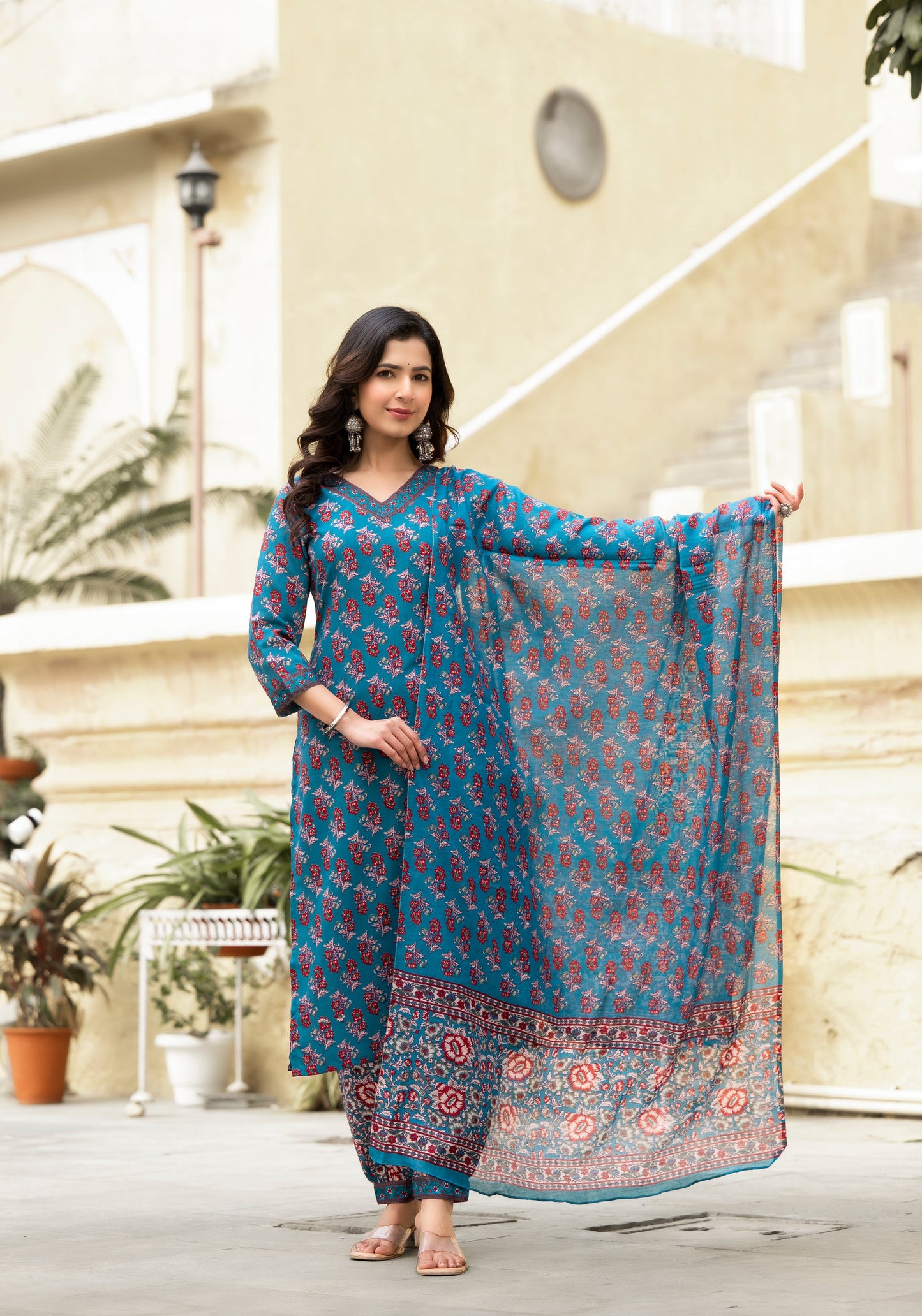 Women Blue Floral Print, Embellished Viscose Rayon Kurta, Pant And Dupatta Set