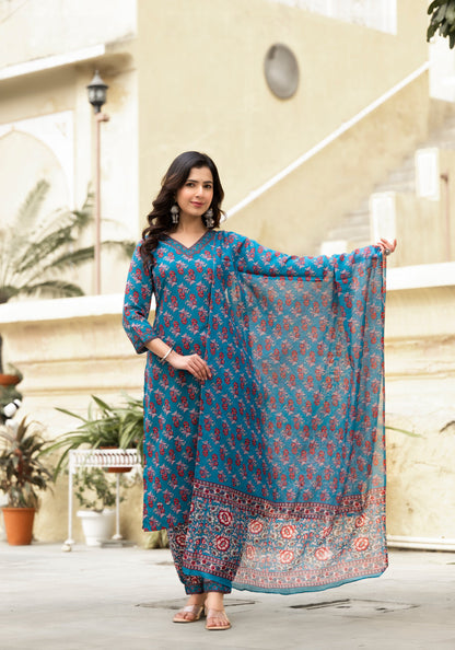 Women Blue Floral Print, Embellished Viscose Rayon Kurta, Pant And Dupatta Set