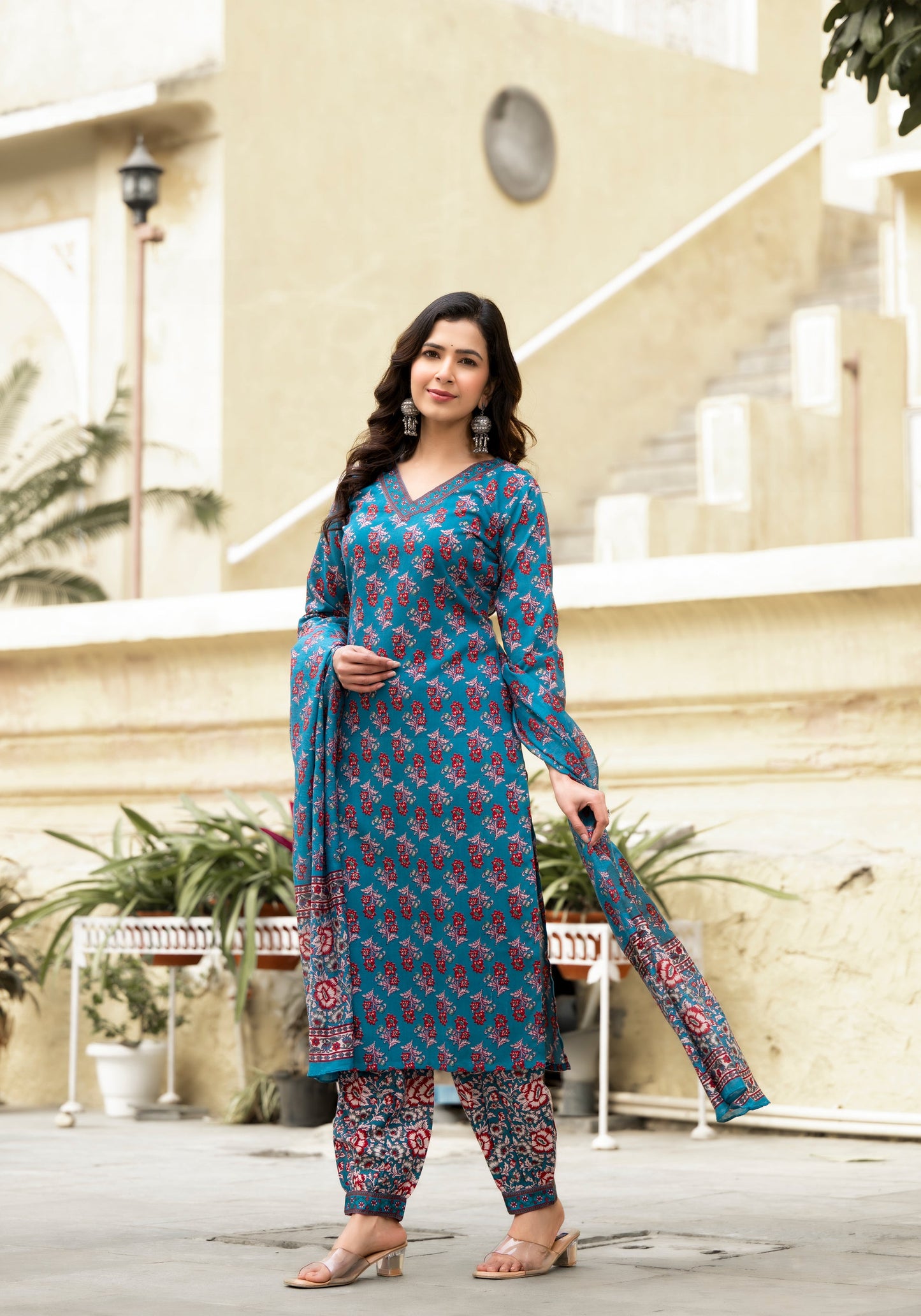 Women Blue Floral Print, Embellished Viscose Rayon Kurta, Pant And Dupatta Set