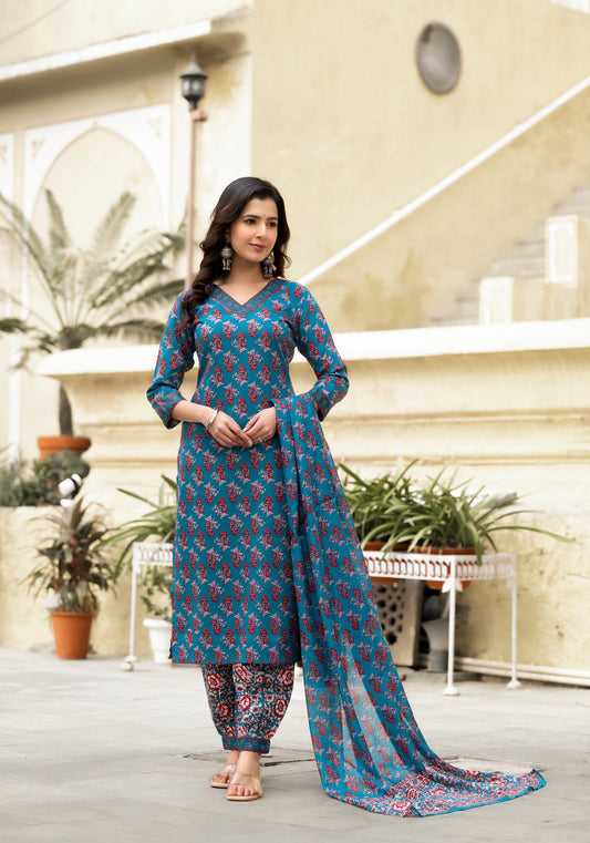 Women Blue Floral Print, Embellished Viscose Rayon Kurta, Pant And Dupatta Set
