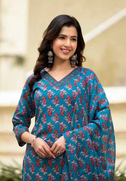 Women Blue Floral Print, Embellished Viscose Rayon Kurta, Pant And Dupatta Set