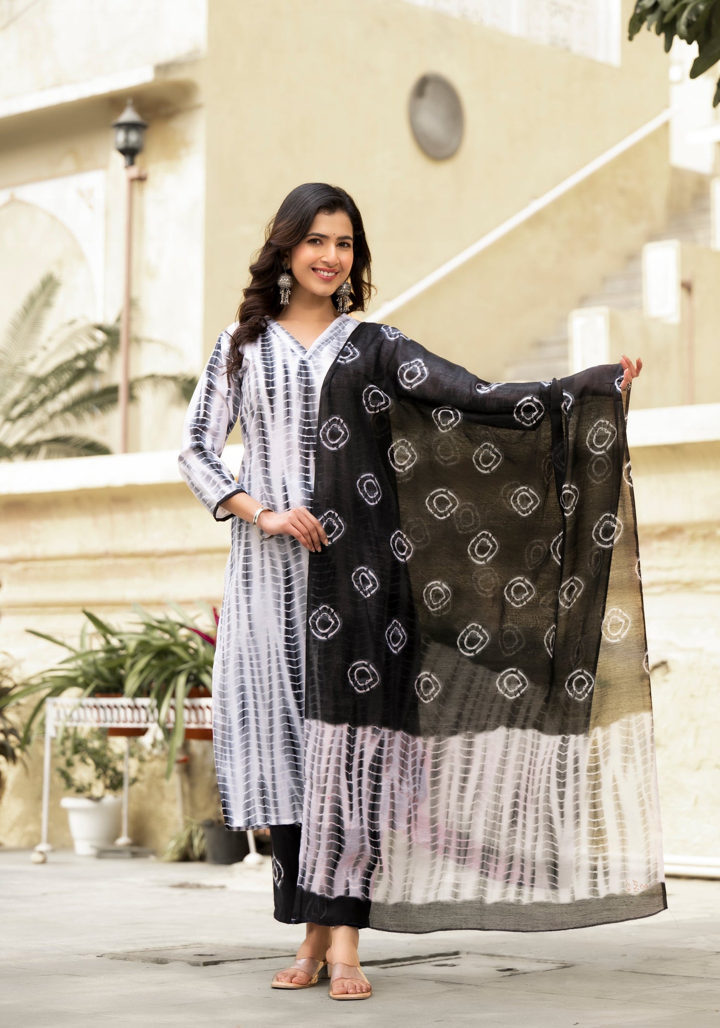 Women Black, White Printed Viscose Rayon Kurta, Pant And Dupatta Set