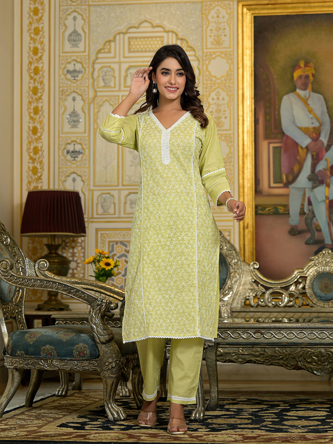 Dhiyona VR Women's Lime Green Chikankari Embroidered Kurta Set With Dupatta