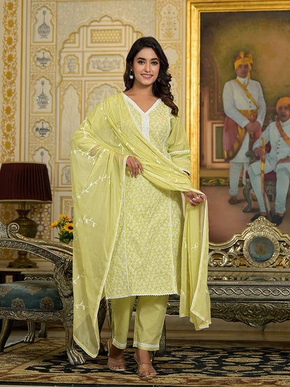 Dhiyona VR Women's Lime Green Chikankari Embroidered Kurta Set With Dupatta