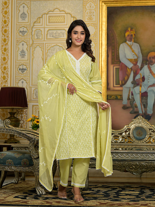 Dhiyona VR Women's Lime Green Chikankari Embroidered Kurta Set With Dupatta