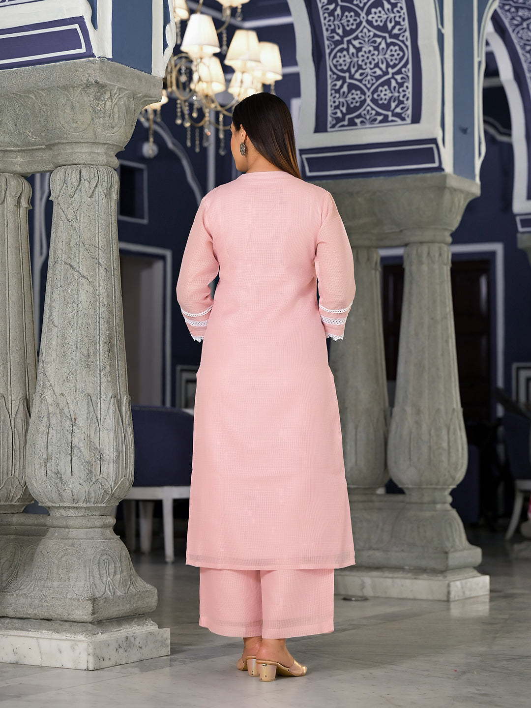 Dhiyona VR Women's Pink Kota Check Cotton Lace Detailed Kurta Paired With Bottom And Dupatta